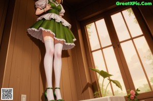 A woman in a green and white dress sitting on a red chair.