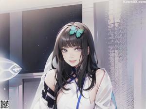 A woman in a school uniform posing for a picture.