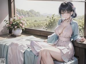A woman in a bikini sitting on a bed.