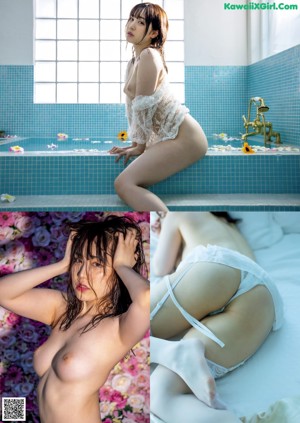 A woman laying on a bed in a white lingerie.