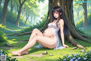 A woman sitting on a tree trunk in the woods.