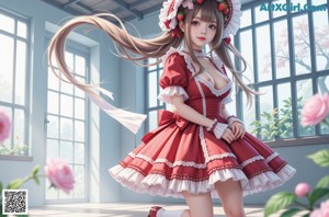 A girl in a red and white dress is posing for a picture.