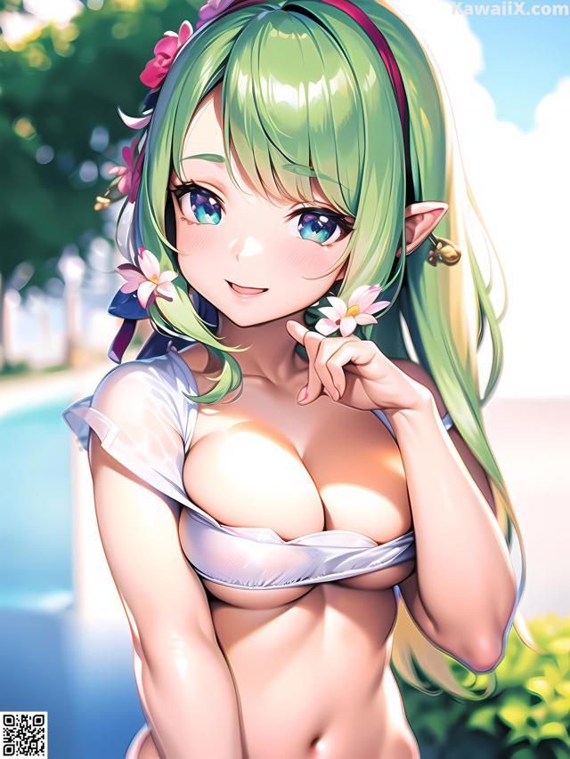 Anime girl with green hair and a flower in her hair.