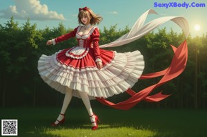 a woman in a red and white dress sitting on a couch