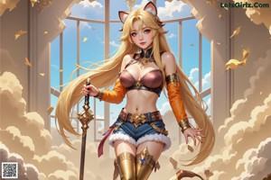 A woman in a cat costume holding a sword.