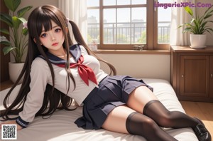 A woman in a school uniform poses for a picture.