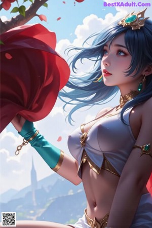 A woman with long blue hair sitting on a brick wall.