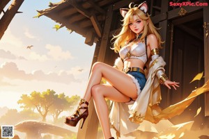 A woman in a white top and blue shorts holding a cat.