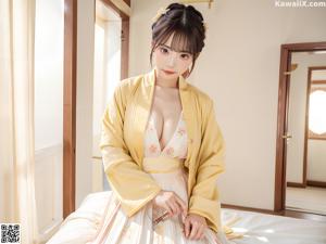 A woman in a blue robe sitting on a bed.