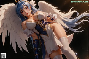 A woman with long blue hair wearing a white and gold outfit.