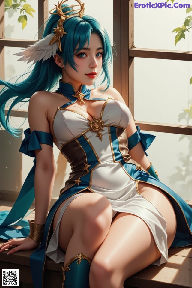 Hentai - Captivating Grace of the Cosmic Maiden Set.1 20250124 Part 13 No.8b4a5d A woman with blue hair sitting on a window sill.