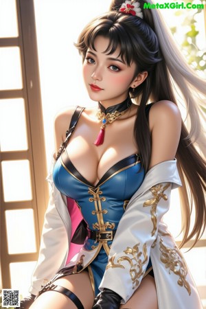 A woman in a blue and white outfit with a cat ears on her head.