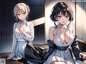 A woman in a white dress standing in a room.