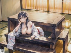 A woman in a kimono sitting on a ledge with an umbrella.