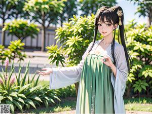 A woman in a white kimono standing in a garden.