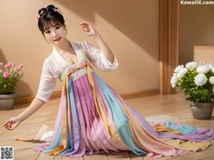 A woman in a pink and blue hanbok is posing for a picture.