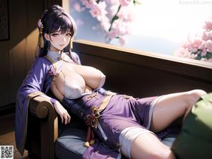 A woman in a kimono sitting on a tiled floor.