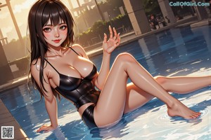 A woman in a black bathing suit sitting by a swimming pool.