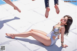 A woman in a black bikini standing in front of a crowd.