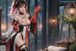 A woman in a white and red outfit with black thigh-high boots poses indoors near a window.