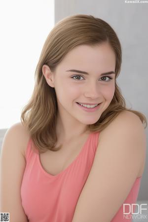 A naked woman sitting on a red couch.