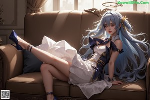 A woman with long blue hair wearing a white and blue dress.