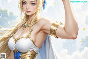 a woman with long blonde hair and blue eyes holding a sword