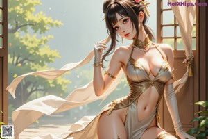 A woman in a white bikini leaning against a tree.