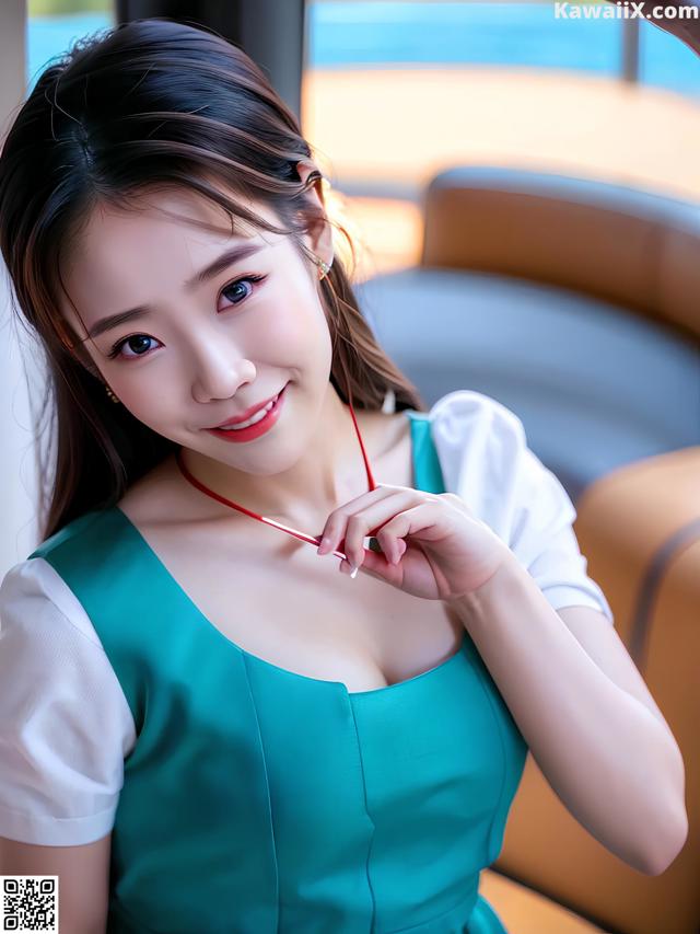 A woman in a green dress sitting on a couch.