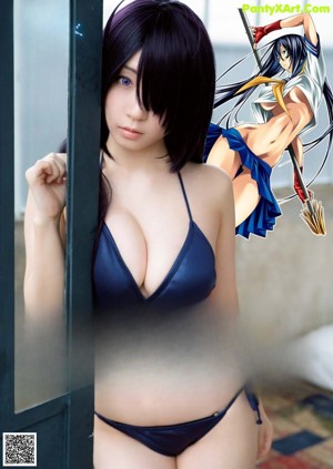 A woman in a blue bikini holding a sword.