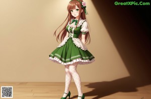 A woman in a green and white dress posing by a window.