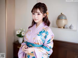 A woman in a blue kimono sitting on a wooden bench.