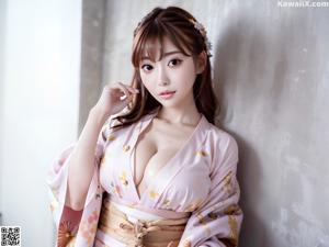 A woman in a purple kimono sitting on a bed.