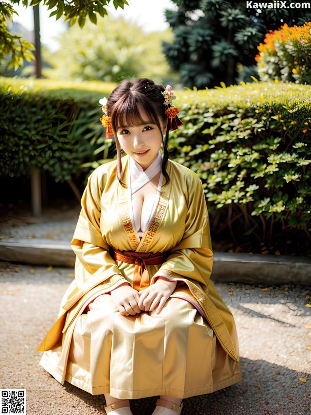 A woman in a yellow kimono sitting on the ground.