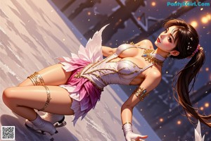 A woman in a gold outfit is dancing in the snow.